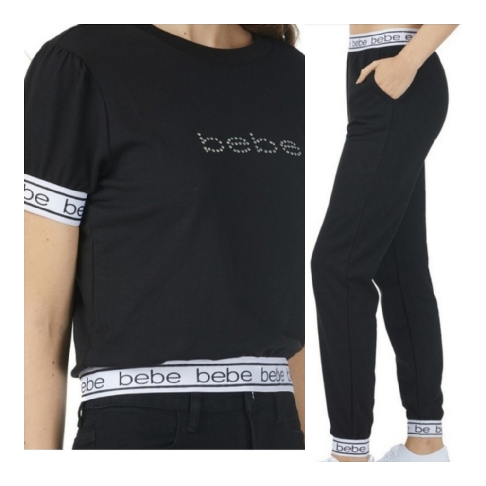 Bebe 2PC Logo Tape set Top and Jogger Bottoms Black White Small - Picture 1 of 7